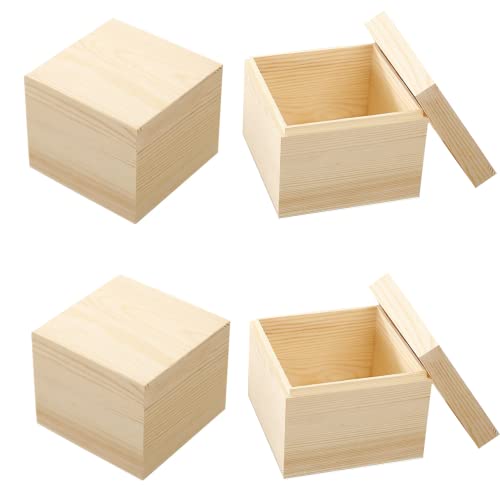 LONG TAO 4 Pcs 3.9”x3.9”x3.1” Unfinished Square Wooden Treasure Boxes Decorate Wooden Boxes Wooden Storage Box Natural DIY Craft Stash Boxes with