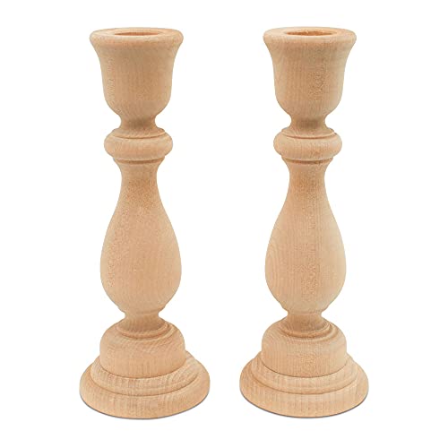 Unfinished Wood Candlestick Holders 6-3/4 inches with 7/8 inch Hole, Set of 2 Classic Craft Candlesticks to Paint or Decorate, by Woodpeckers