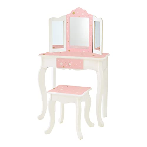 Teamson Kids Princess Gisele Twinkle Star Print 2-Piece Kids Wooden Play Vanity Set with Vanity Table, Tri-Fold Mirror, Storage Drawer, and Matching