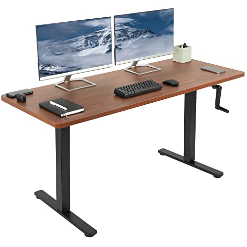 VIVO Manual Height Adjustable 60 x 24 inch Stand Up Desk, Dark Walnut Solid One-Piece Table Top, Black Frame, Standing Workstation with Foldable