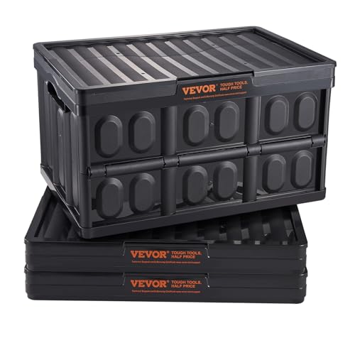 VEVOR 45L Collapsible Storage Bins with Lids 3 Packs, Stackable Utility Crates with Handles, Large Folding Containers for Organizing Tools, Toys,