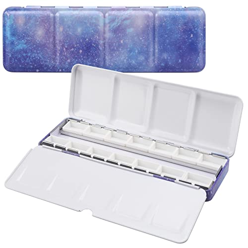 LOONENG Empty Watercolor Palette, Empty Watercolor Tin with Fold Out Palette, Medium Purple Watercolor Tray Palette with 14 Empty Full Pans for Plein