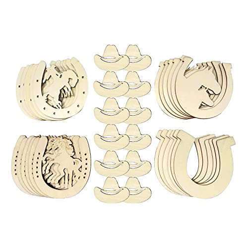 Honbay 36PCS Unfinished Cowboy Wooden Cutouts Blank Horseshoe and Hat Wood Discs Slices for Western Cowboy Cowgirl Party Decorations DIY Craft (5