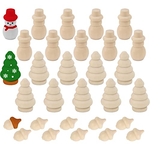 Luckforest 30Pcs Unfinished Wooden Set, Snowman Dolls Craft Christmas Tree Acorns Blank DIY Wooden Natural Wooden Xmas Tree for Crafts Arts Drawing