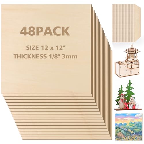 Basswood Sheets 1/8 x 12 x 12 inch – 3mm Basswood Sheets Plywood Sheets Balsa Wood, 48Pcs Square Unfinished Wood Board for DIY Crafts, Laser Cutting,