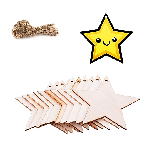 50pcs Wooden Ornaments Unfinished with Hole Wooden DIY Christmas Ornaments Hanging Decorations DIY Crafts Holiday Supplies (Wooden Star Cutouts)