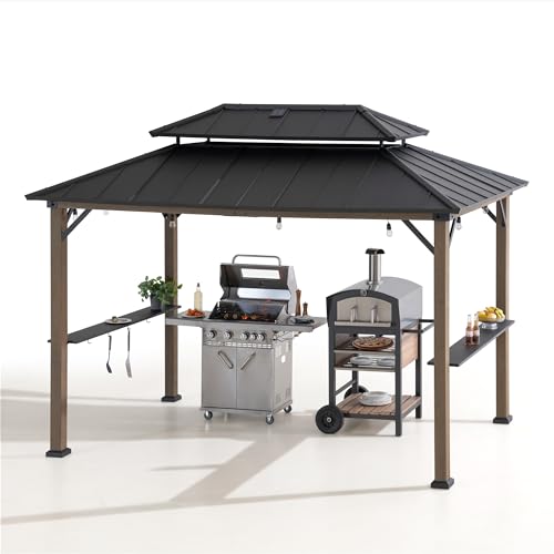 Sunjoy Wooden Grill Gazebo, 8 x 12 ft. Steel Hardtop Gazebo with Solar Power for Year-Round Grilling – 2 Full Size Grills, Griddles or Smokers –