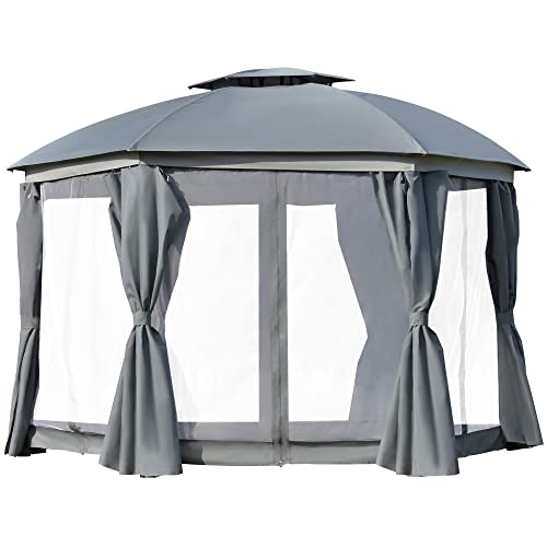 Outsunny 12′ x 12′ Round Outdoor Gazebo, Patio Dome Gazebo Canopy Shelter with Double Roof, Netting Sidewalls and Curtains, Zippered Doors, Strong