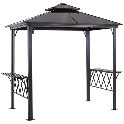 Outsunny 9′ x 5′ Grill Gazebo, Hardtop BBQ Gazebo Canopy with 2-Tier Polycarbonate Roof, Shelves Serving Tables and Hooks, for Backyard Patio Lawn