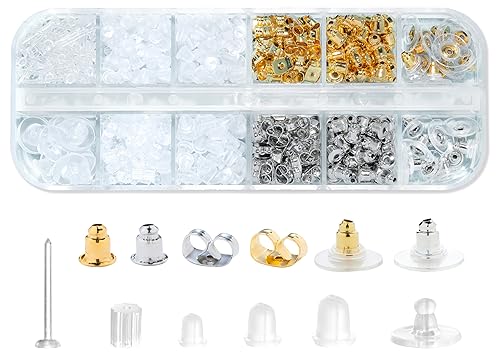 Nkwuire 12 Styles 600 Pcs Earring Backs for Studs, Clear Plastic Earrings Hypoallergenic Metal Rubber Silicone Earring Backs Bullet Clutch Stoppers