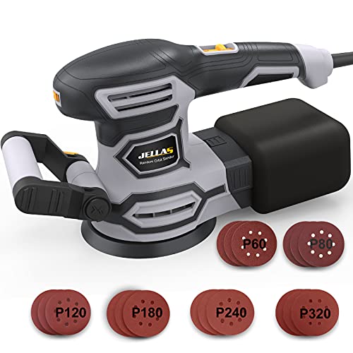 3.8A(450W) Orbital Sander, Jellas 6 Variable Speeds Double Handle Random Orbit Sander, 5-Inch Electric Sander with 18pcs Sandpapers, Dust Collector,