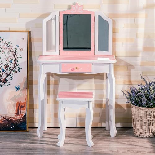 GAOMON Kids Vanity, Girls Vanity Table with Tri-Folding Mirror,Stool & Drawer, 2 in 1 Wooden Princess Makeup Desk Dressing Table, Toddler