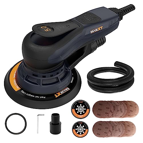 MAXXT Electric 5mm Random Orbital Sander, Palm Sander with Brushless Motor, 5&6Inch Sanding Pads, Central Vacuum, Sanders for Woodworking, Primary