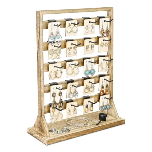 Ikee Design Wooden Jewelry Display Rack with 20 Removable Metal Hooks, Earring Card Display Holder Stand with Hooks, Earring Display Stand for