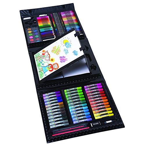 Art 101 USA Budding Artist 154 Pc Junior Artist Trifold Easel Set, Includes markers, crayons, oil pastels, watercolor paints, and colored pencils,