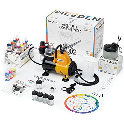 MEEDEN Airbrush Kit with Compressor, Professional and Quiet Airbrush System with 3 Dual-Action Airbrushes, 24 Colors Airbrush Paint, Hose, Holder,