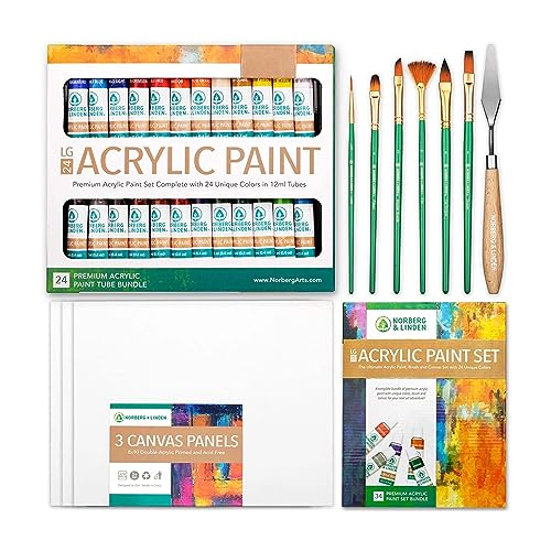 Norberg & Linden Acrylic Paint Set – Canvas and Acrylic Paint Sets for Adults, Teens, Kids – Includes 24 Vivid Colors, 3 Painting Canvas Panels, 6