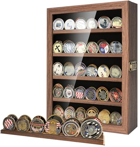 ASmileIndeep Military Challenge Coin Display Case Holder Shadow Box Solid Wood for Wall Mounted with HD Glass Door Military Coin Rack with Removable