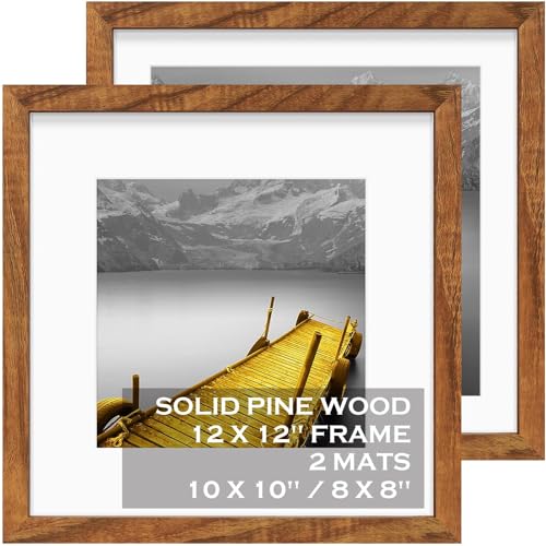 12×12 Picture Frames Solid Wood Display Pictures 10×10 or 8×8 with Mat or 12×12 without Mat – Each 12×12 Inch Square Photo Frames with 2 Mats Wooden