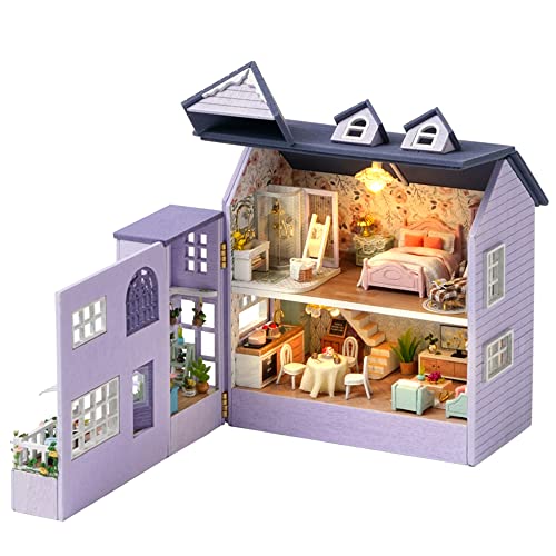 TuKIIE DIY Miniature Dollhouse Kit with Furniture, 1:32 Scale Creative Room Opened & Closed Mini Wooden Doll House for Kids Teens Adults(Happy House)