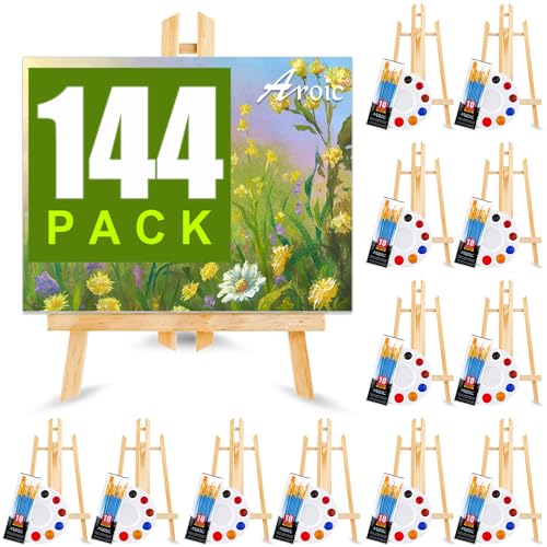 144 PCS Professional Painting Set, 12 PCS Wood Easels,12 Packs of 120 Brushes with Nylon Brush Head and 12 PCS Palettes, Painting Supplies kit for