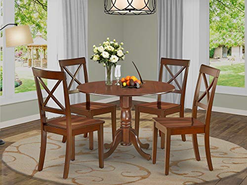 East West Furniture DLBO5-MAH-W 5-Piece Dining Table Set – 4 Dining Room Chairs with Wooden Seat – A Lovely Kitchen Table with Two 9-inch Drop leaves