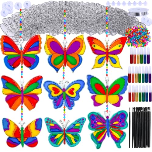 Winlyn 27 Sets Butterfly Suncatchers Ornaments Decorations DIY Window Paint Art Suncatchers Butterfly Suncatchers Painting Craft Kits for Kids