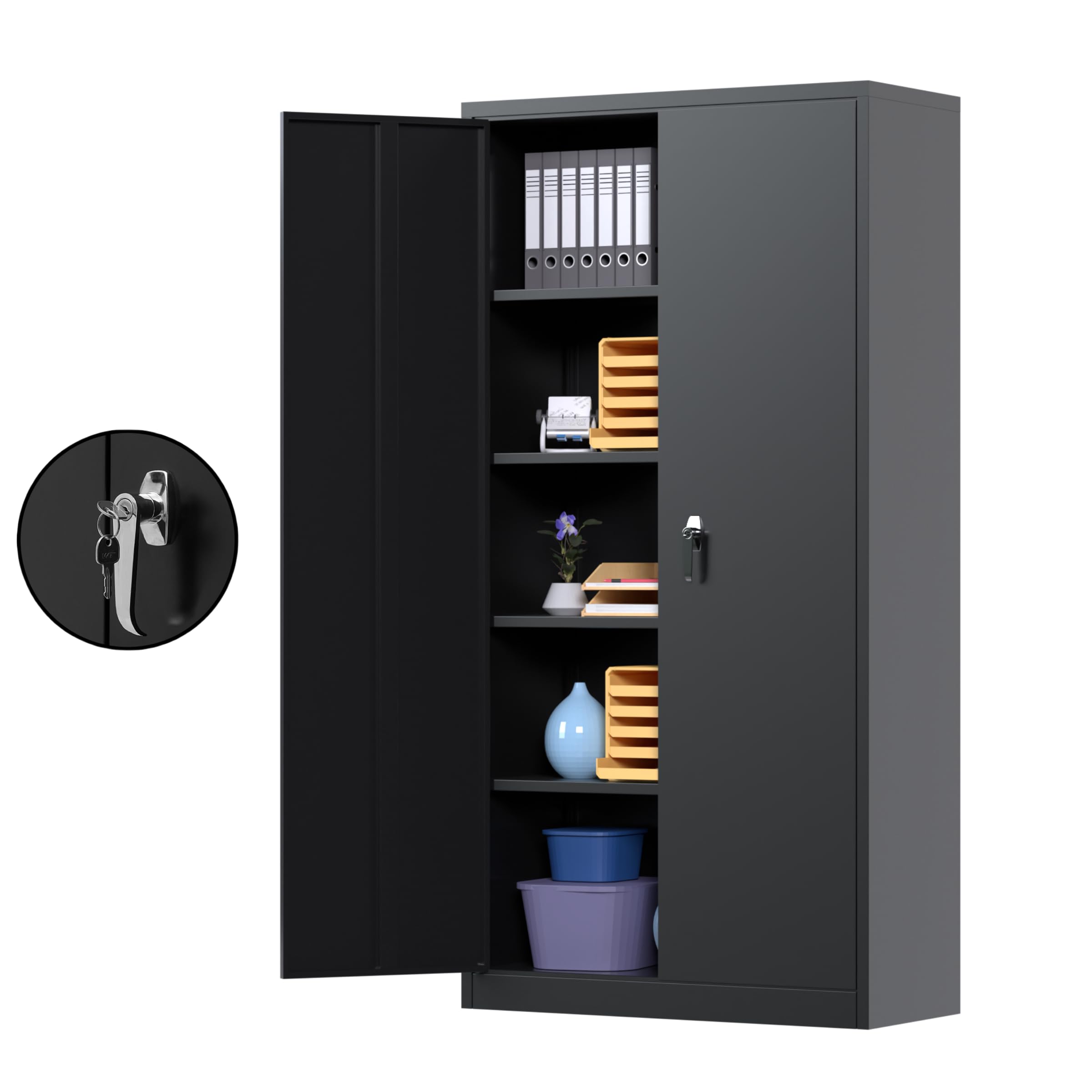 Waqiv Black Metal Storage Cabinet with Door, Locking Steel Cabinet with 4 Adjuestable Shelves, Tall Lockable Garage Tool Storage Cabinet for Home,