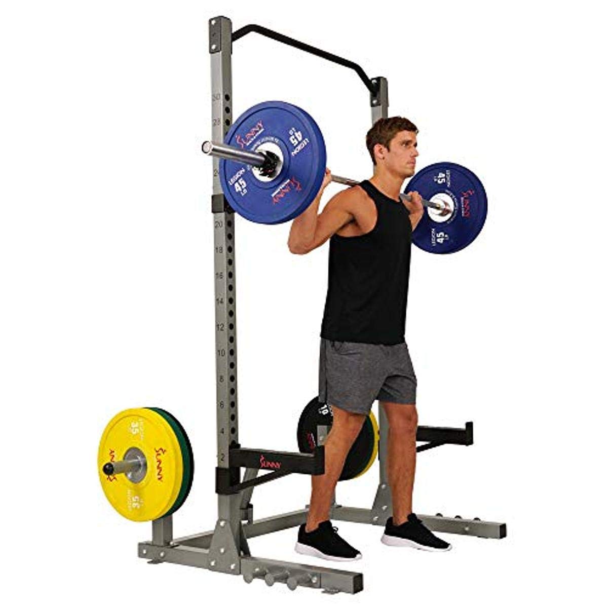 Sunny Health & Fitness Power and Squat Rack with High Weight Capacity, Olympic Weight Plate Storage and 360° Swivel Landmine and Power Band