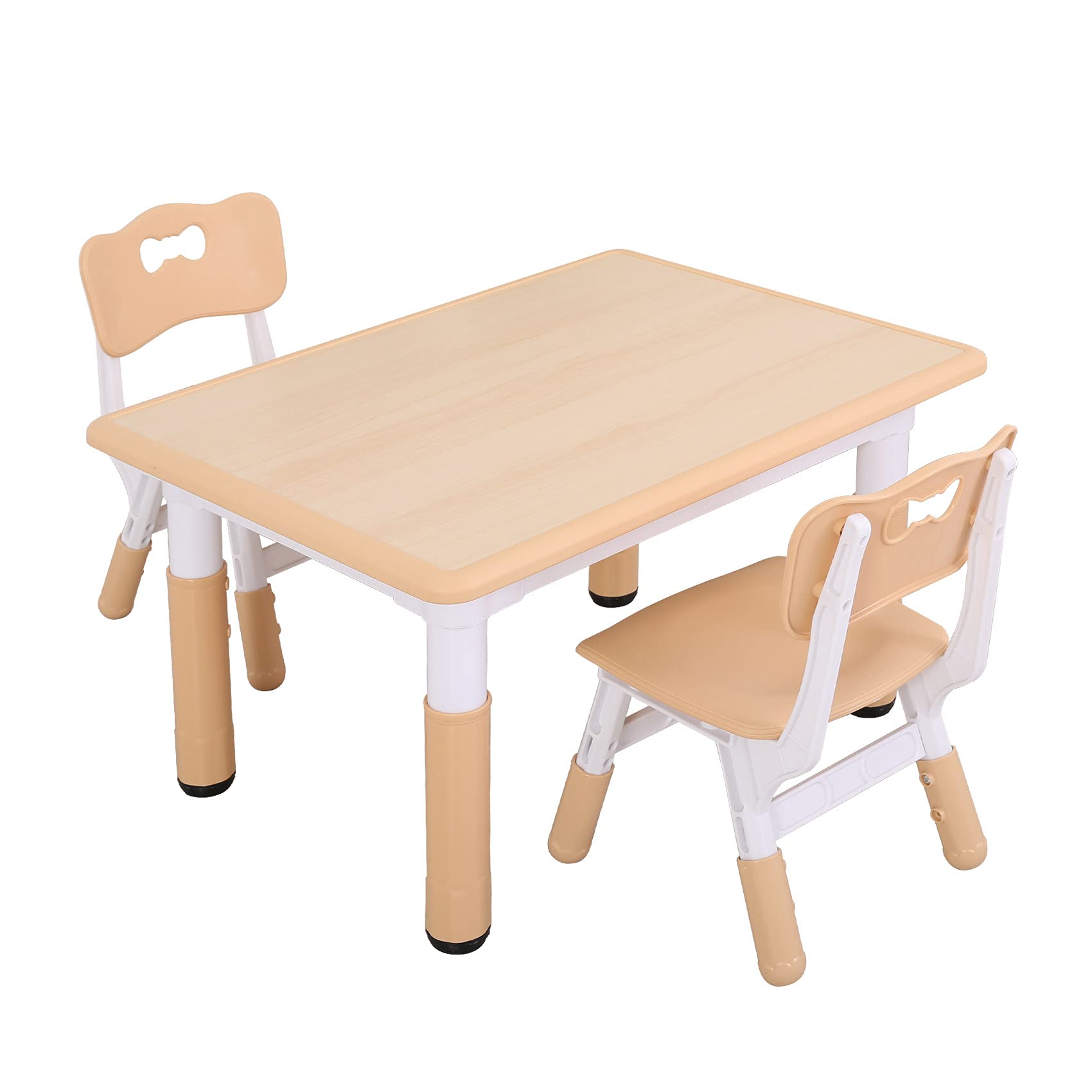 UNICOO – Kids Study Table and Chairs Set, Height Adjustable Plastic Children Art Desk with 2 Seats, Multi Activity Table Set (Maple TOP with Natural