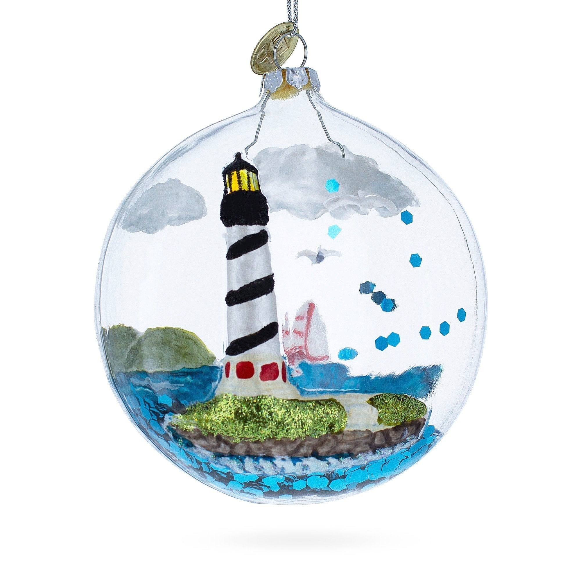 Majestic Lighthouse In Glass Dome – Blown Glass Christmas Ornament