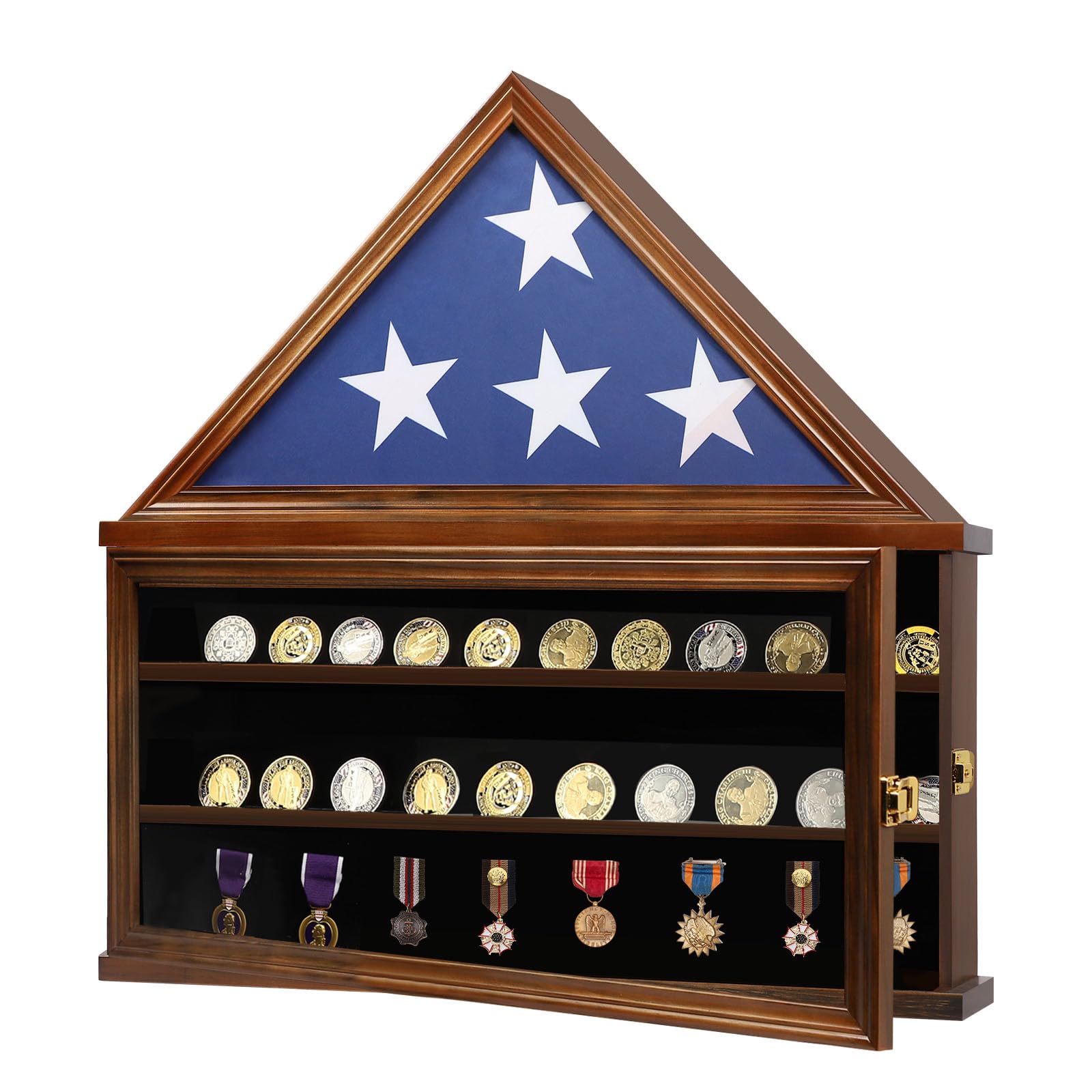 Jinchuan Large Military Burial Flag Coin Display Case- Walnut Solid Wood with Removable 2 Grooves Shelves and Acrylic Door Fits 5×9.5 Floded Veteran