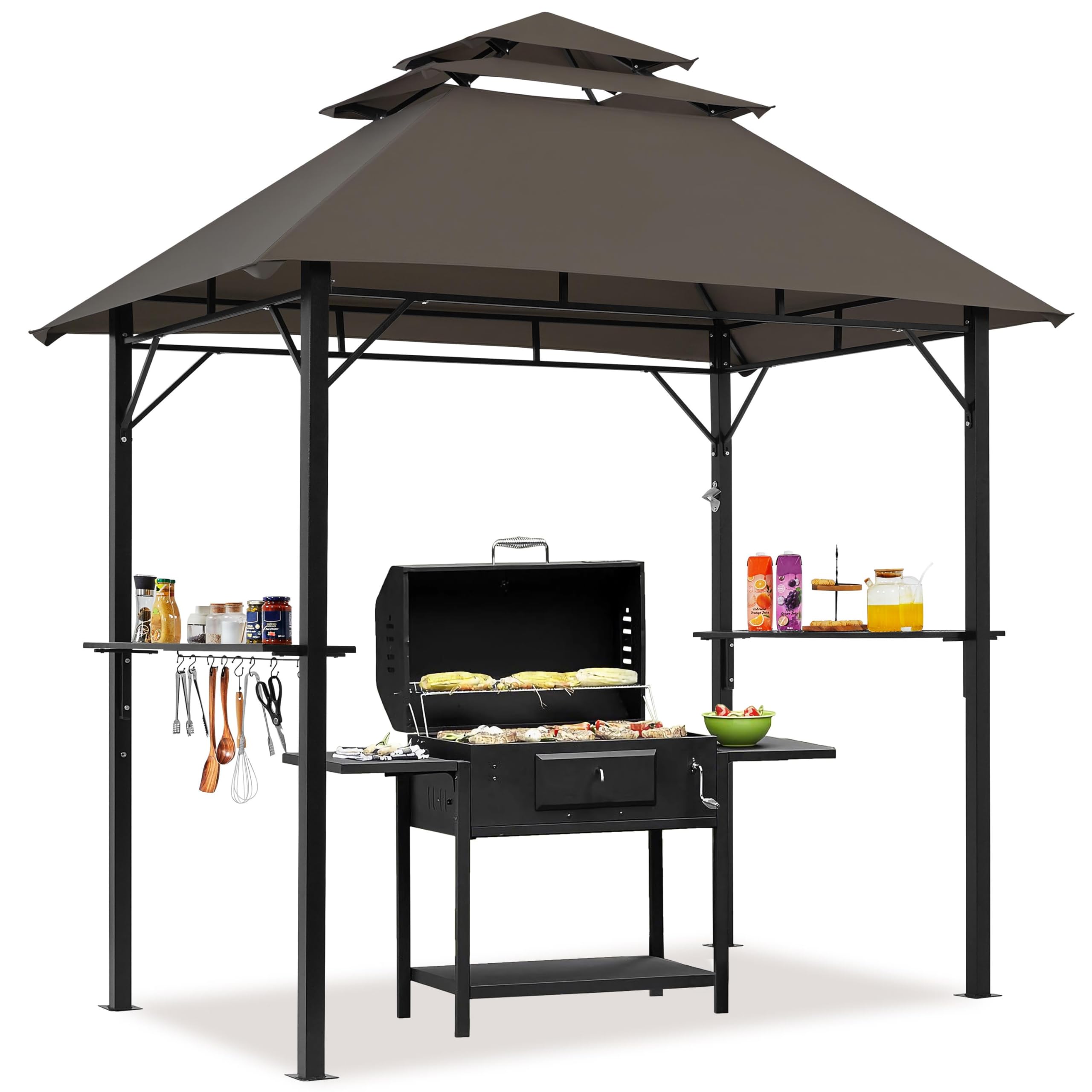 Yaheetech 8×5′ Grill Gazebo, 3-Tier Outdoor BBQ Gazebo with Height-Adjustable Shelves & 10 S-Shaped Hooks & Built-in Bottle Opener, Brown