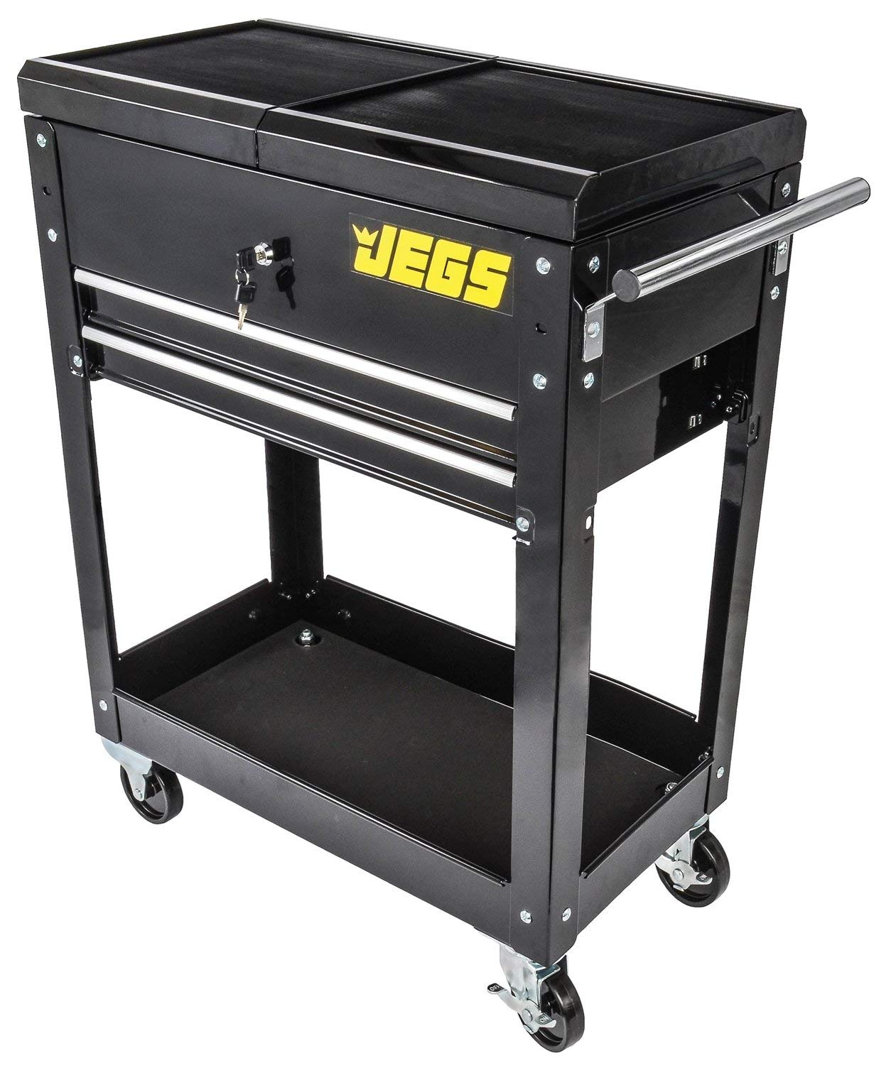 JEGS Heavy-Duty Tool Box Cart | 220 LBS Capacity | Uses Four 4” Caster Wheels | Includes 2 Keyes And 6 Drawer Liners | Black With JEGS Logo | 2