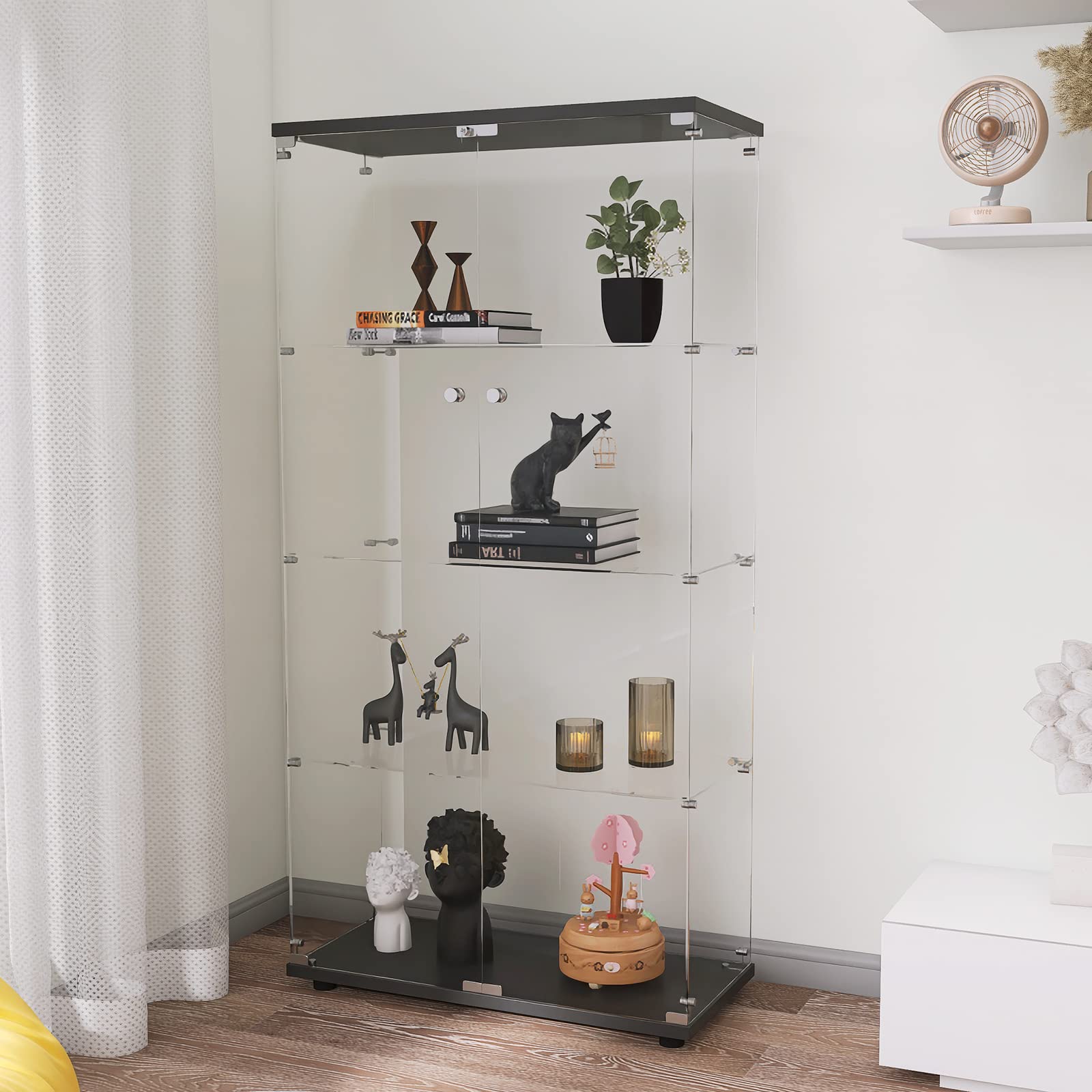 Zipzop Contemporary 4-Shelf Glass Display Cabinet with Two Doors in Upgrade Black