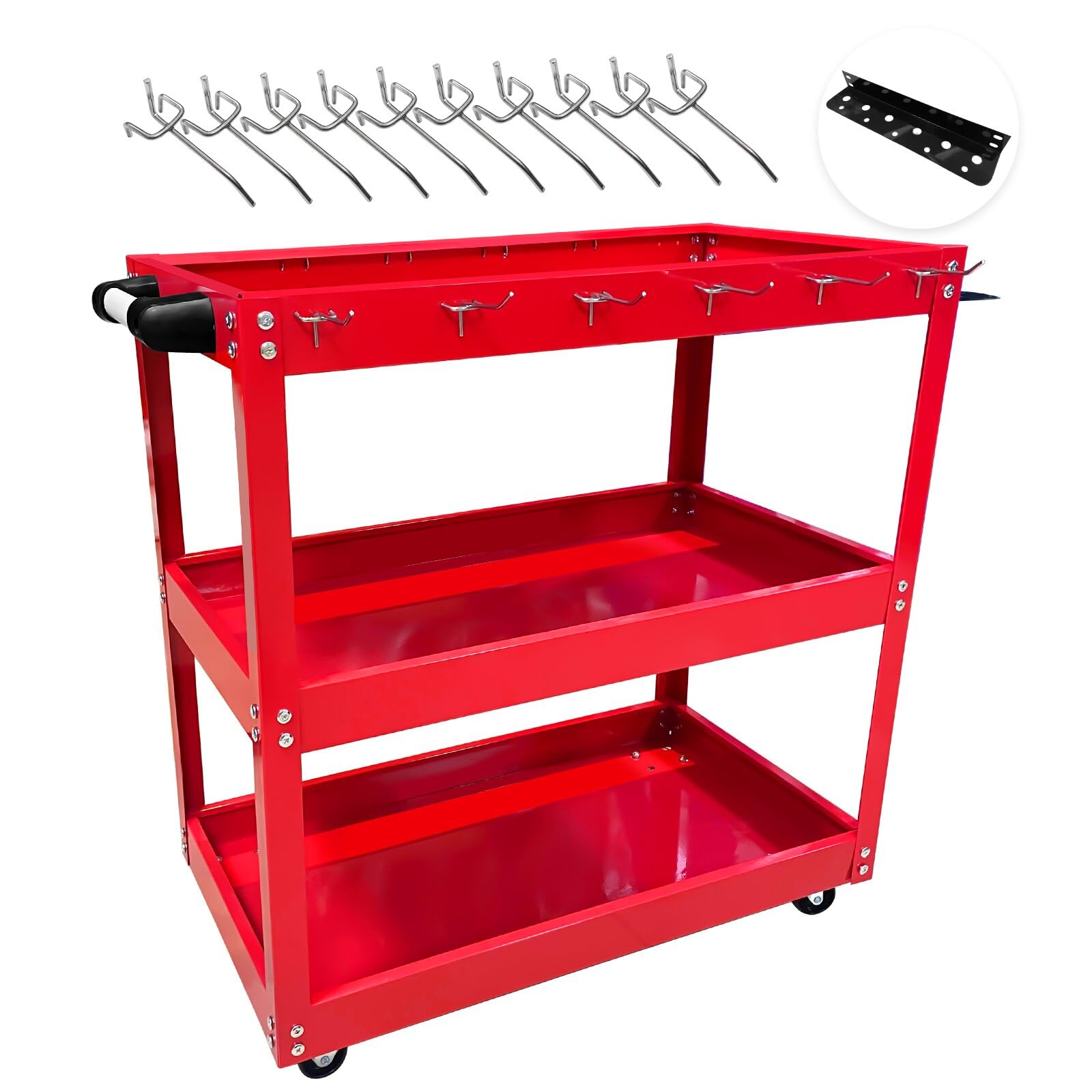 YATOINTO 3-Tier Rolling Tool Cart, Metal Rolling Cart with Side Hooks Wheels, 330LBS Heavy Duty Utility Carts, Handle Rolling Mechanic Tool Cart