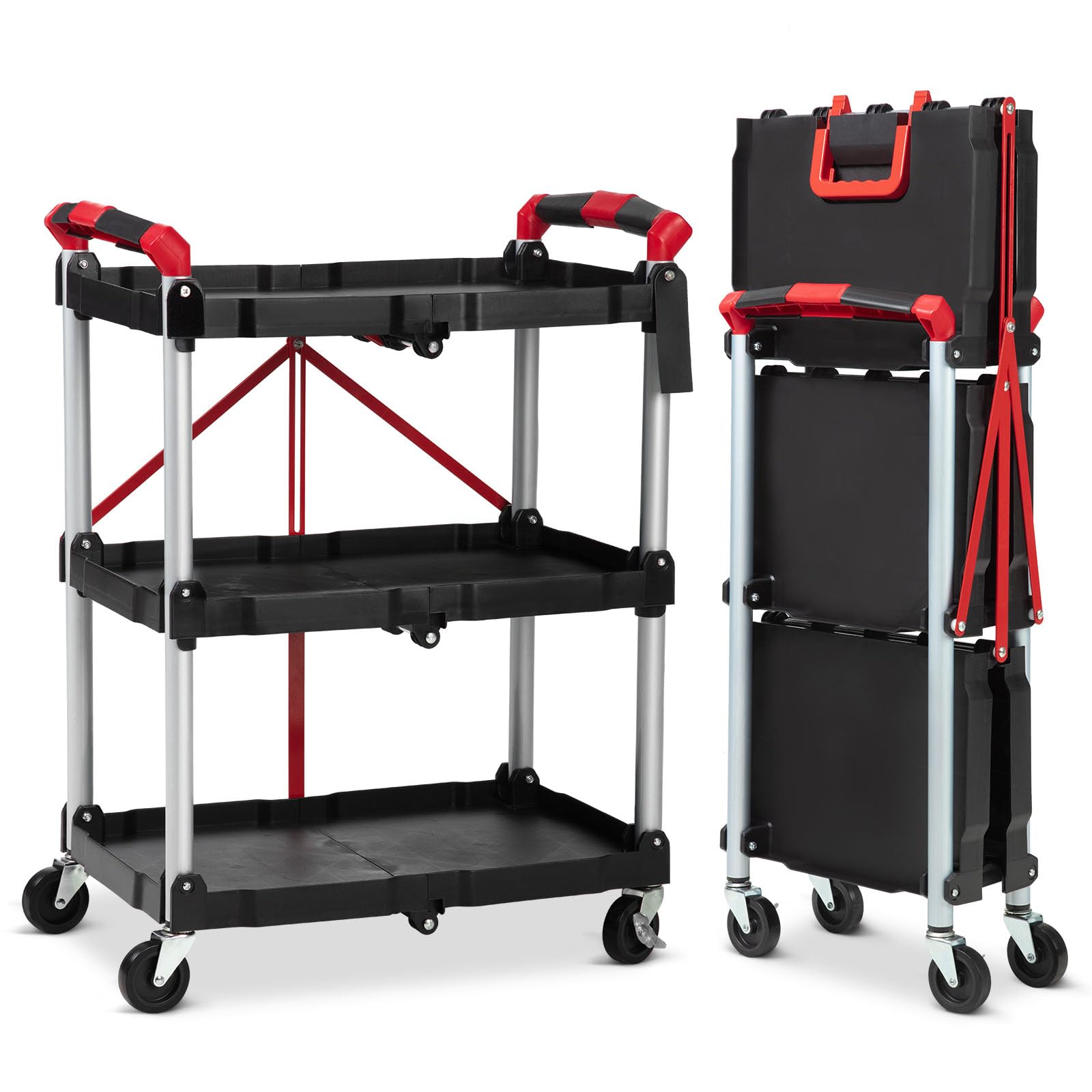 Portable Folding Service Cart,PioneerWorks 3 Tier Collapsible Push Cart,56 lbs Load Capacity/Shelf.Lockable Wheels,Ideal Rolling Tool Storage