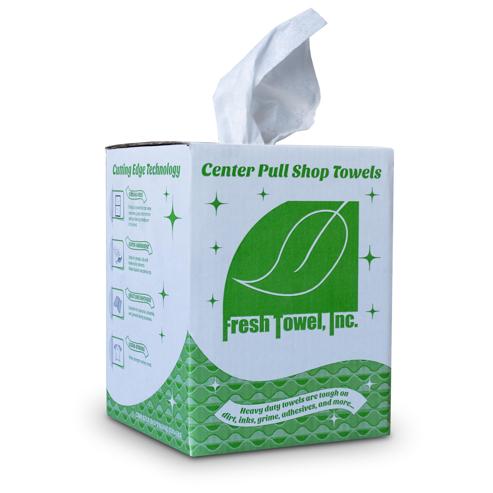 Fresh Towel Ultra Strong Center Pull Shop Towels – (1 Box of 300) Disposable Cleaning Towels – White, 9 x 12 inches – FT500