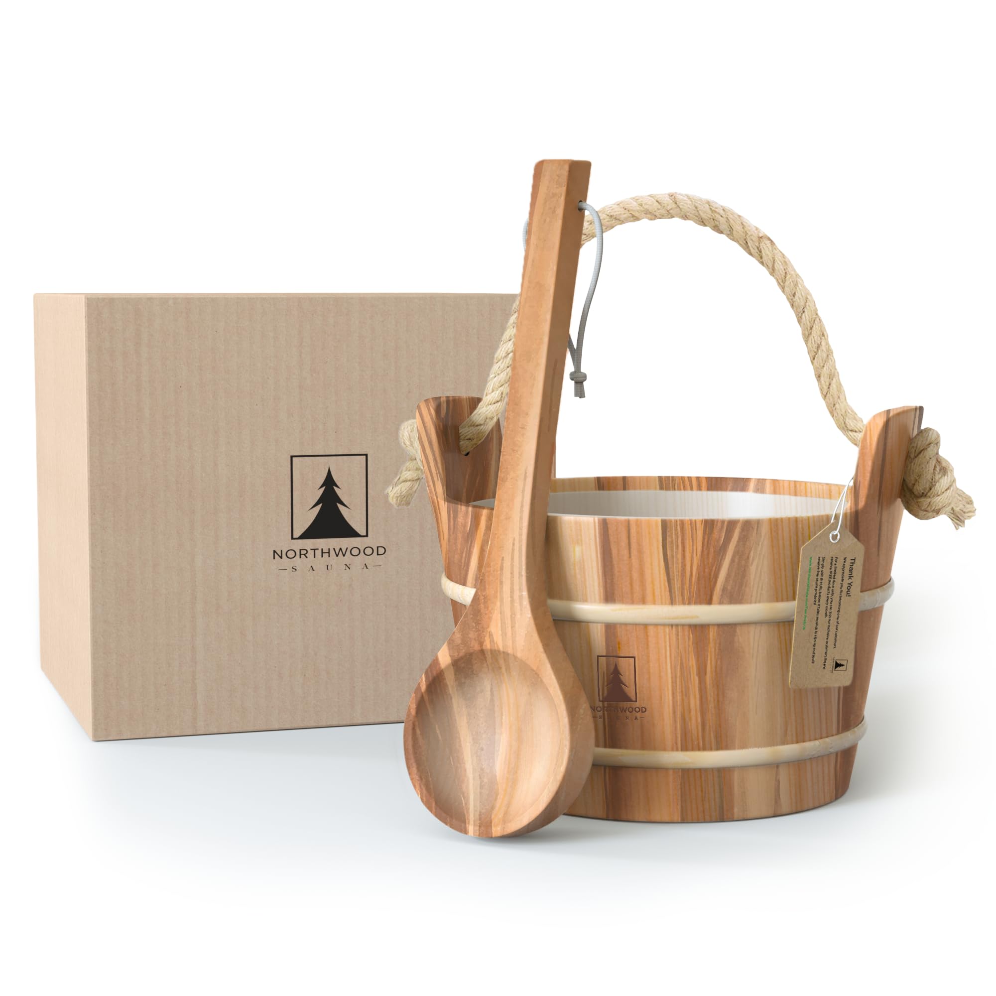 NORTHWOOD Sauna Bucket and Ladle Set – Handmade from Canadian Red Cedar Wood – Plastic Liner and Rope Handle