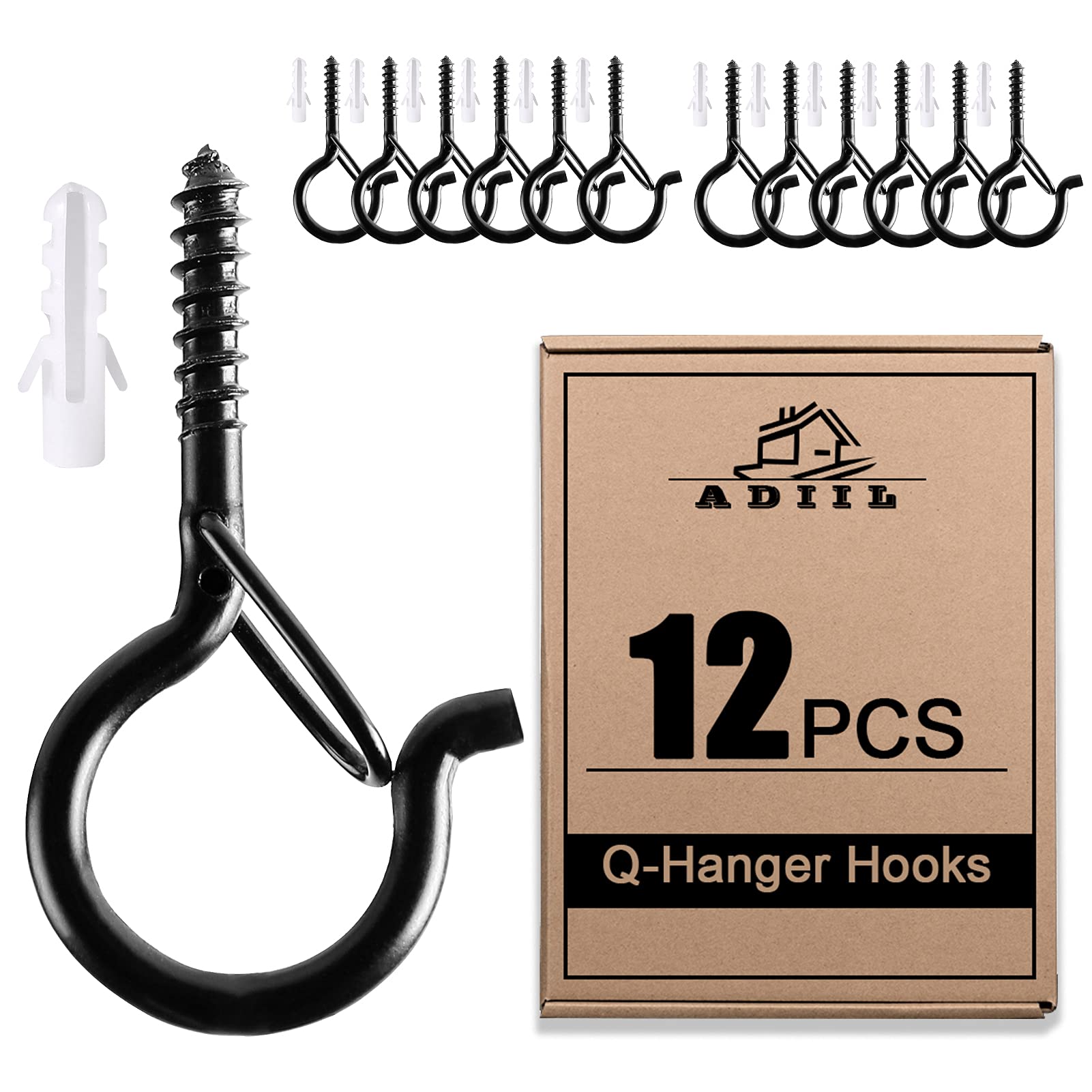 ADIIL 12 PCS String Light Hooks, Q Hanger Hooks with Safety Buckle, Windproof Outdoor Light Hooks for Hanging Patio Lights, Christmas Lights &