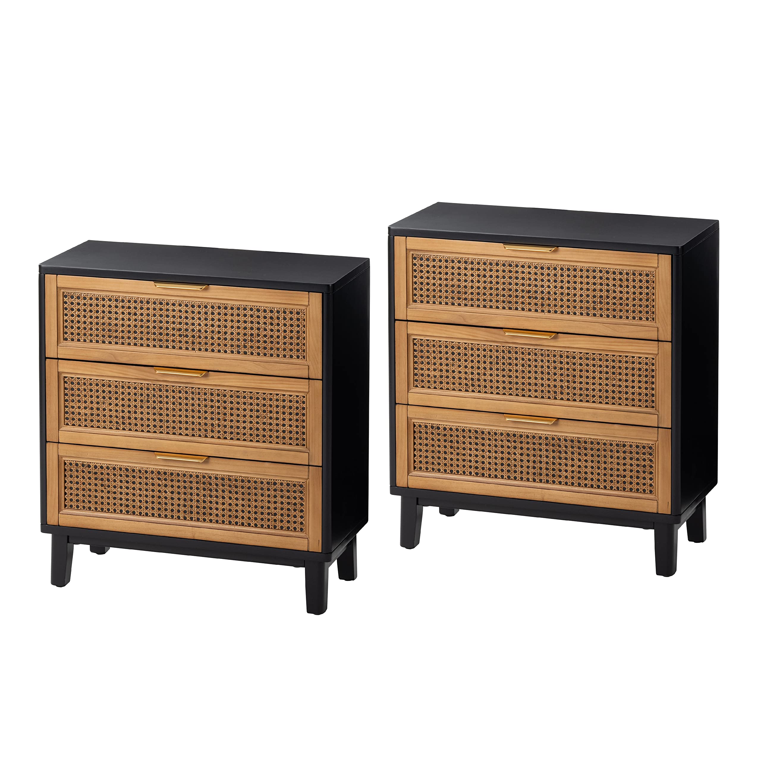 COZAYH Farmhouse 3-Drawer Nightstand, Set of 2 Woven Cane Front Accent Dresser with Brass Pull, Fully-Assembled, Black