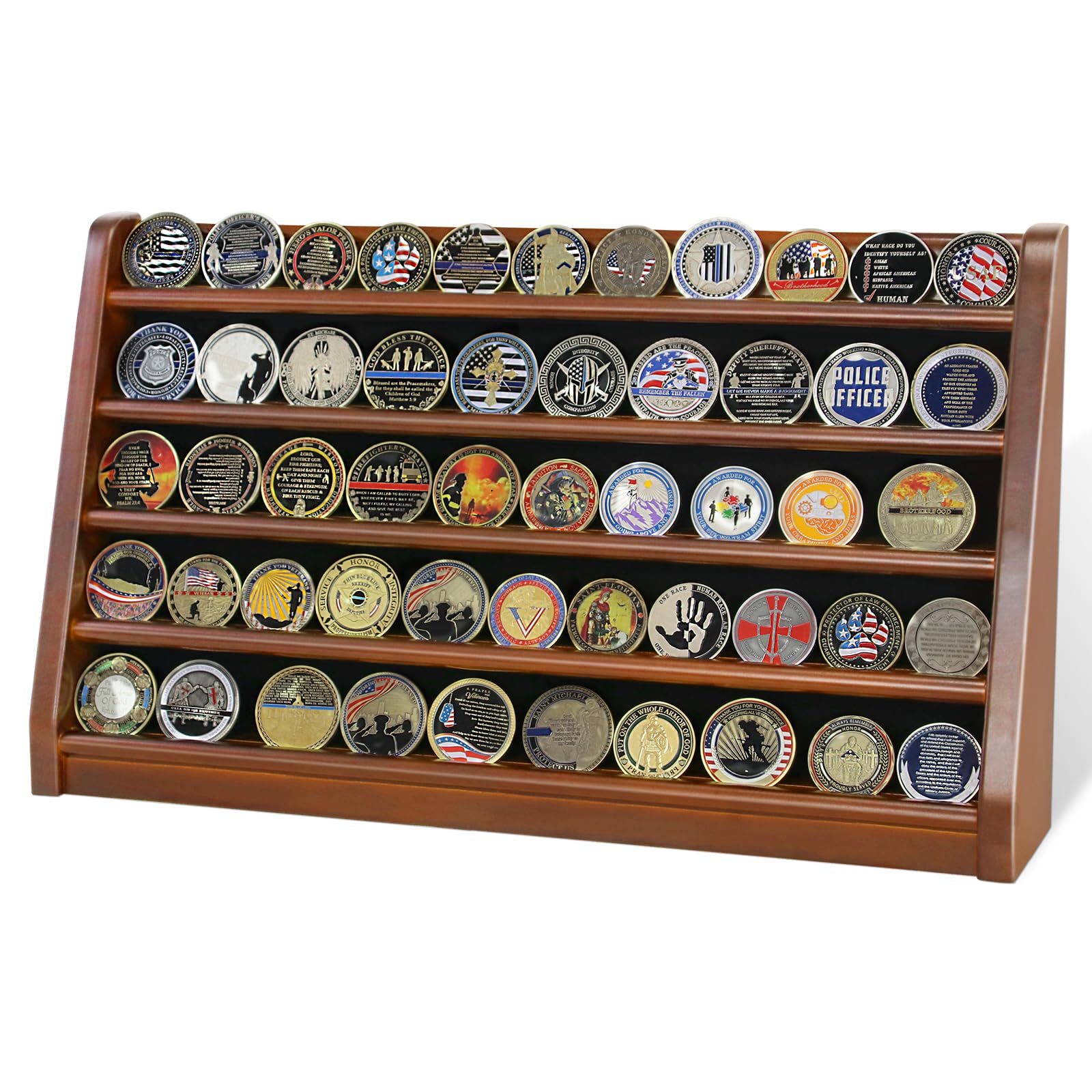 ASmileIndeep 5 Rows Challenge Coin Holder Display Stand Holds 50 Coins for Wall Mount or Tabletop, Solid Wood Military Coin Rack Display Case for