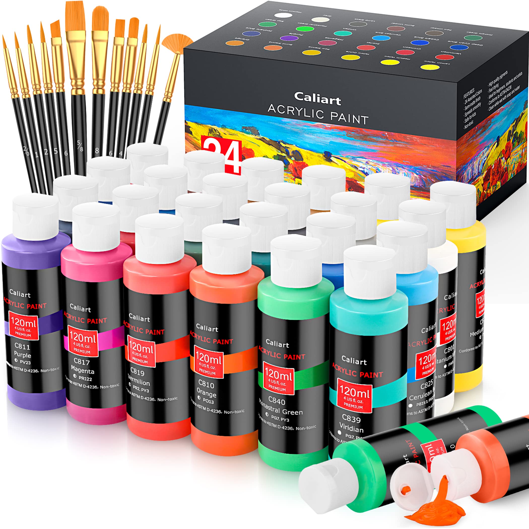 Caliart Acrylic Paint Set With 12 Brushes, 24 Colors (120ml, 4oz) Art Craft Paints for Artists Kids Students Beginners & Painters, Canvas Halloween