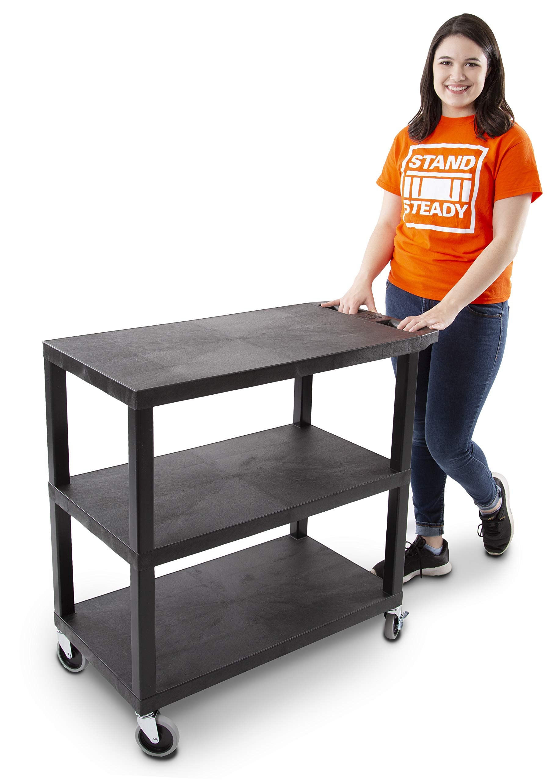 Stand Steady Tubstr 3 Flat Top Shelf Utility Cart Supports Up to 400 lbs – Heavy-Duty Plastic Service Push Cart with Three Flat Shelves, for Offices,