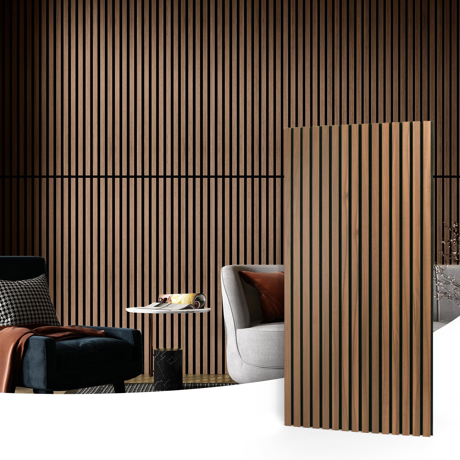 Art3d 2 Wood Slat Acoustic Panels for Wall and Ceiling – 3D Fluted Sound Absorbing Panel with Wood Finish – Walnut