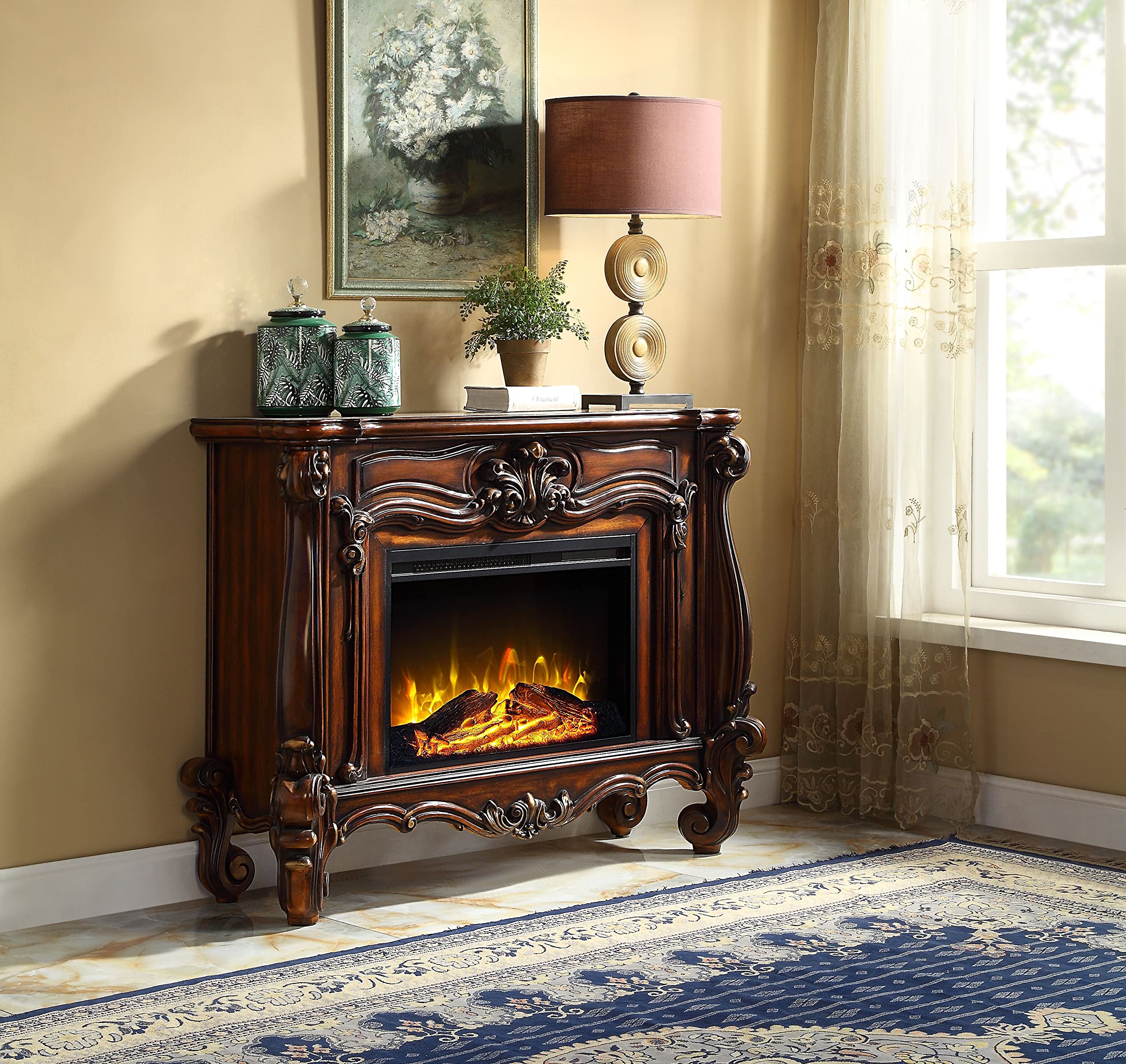 Acme Versailles Rectangular Carving Wooden Frame Fireplace in Cherry Oak