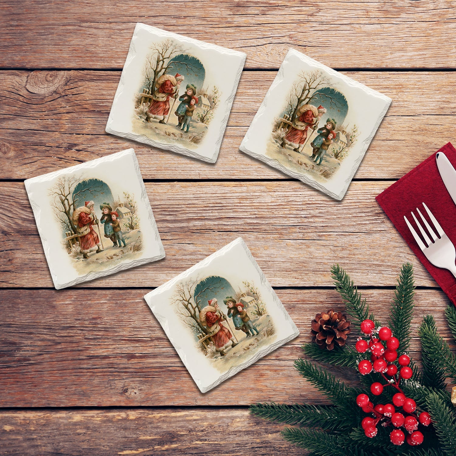 Holiday Christmas Santa & Children | Drink Coaster Set