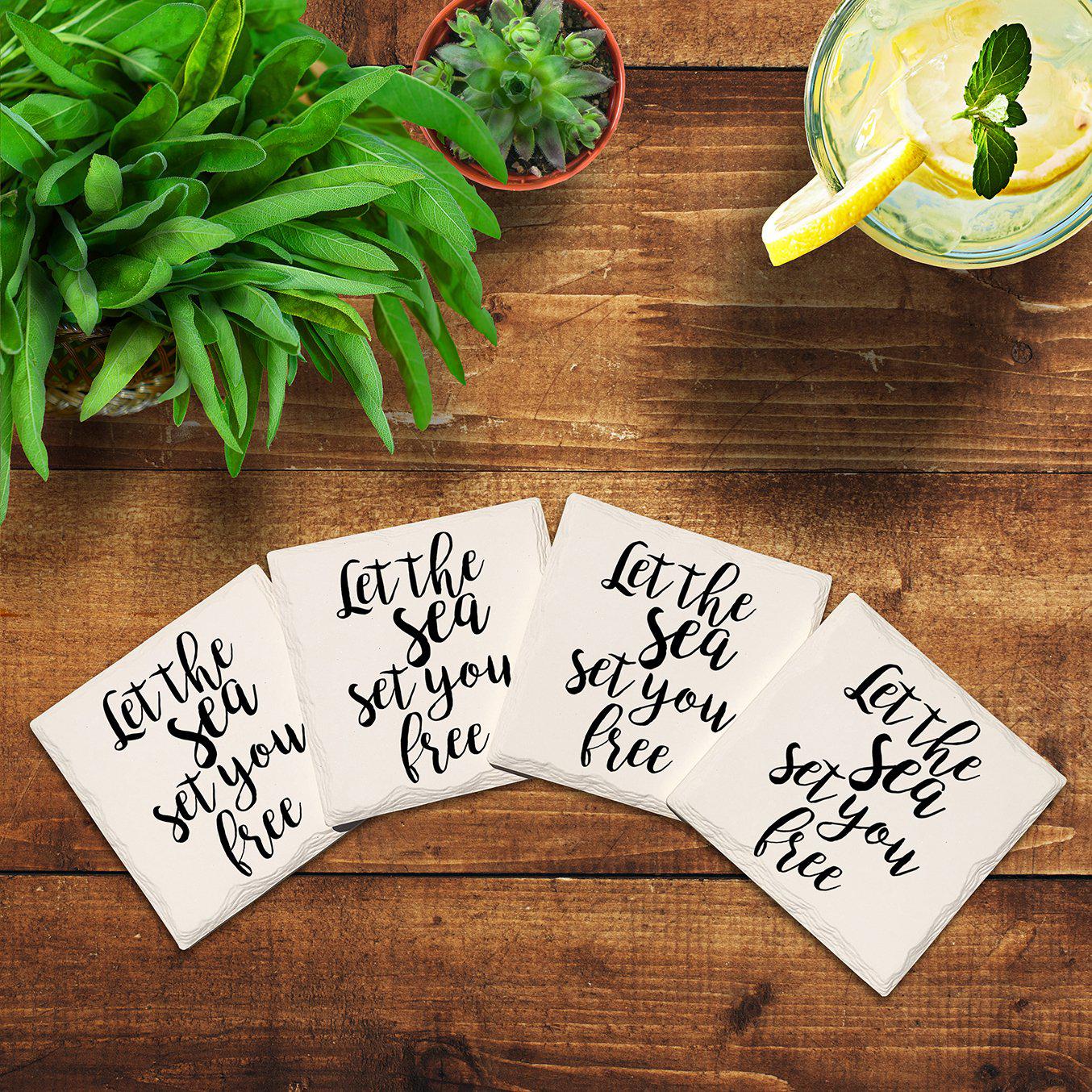 Let the Sea Set You Free | Drink Coaster Set of 4 | Absorbent Ridged Ceramic with Cork Backing