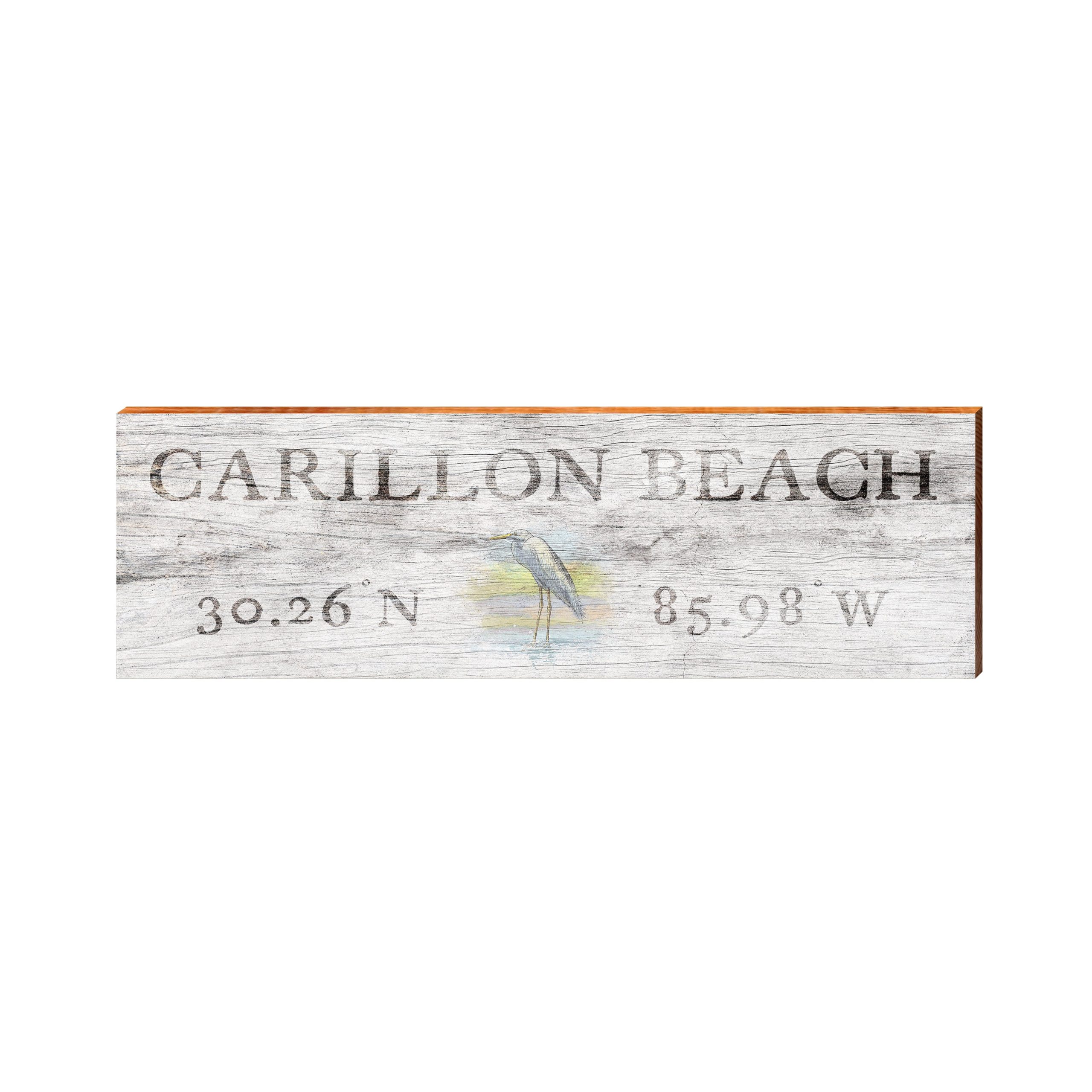 Carillon Beach Egret White Distressed Latitude Longitude | Real Wood Wall Art Print