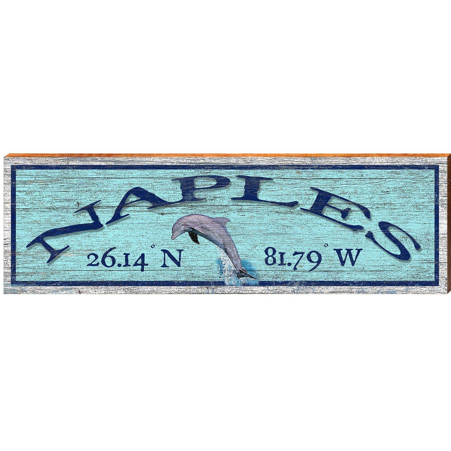 Naples Dolphin Blue Latitude Longitude | Wall Art Print on Real Wood